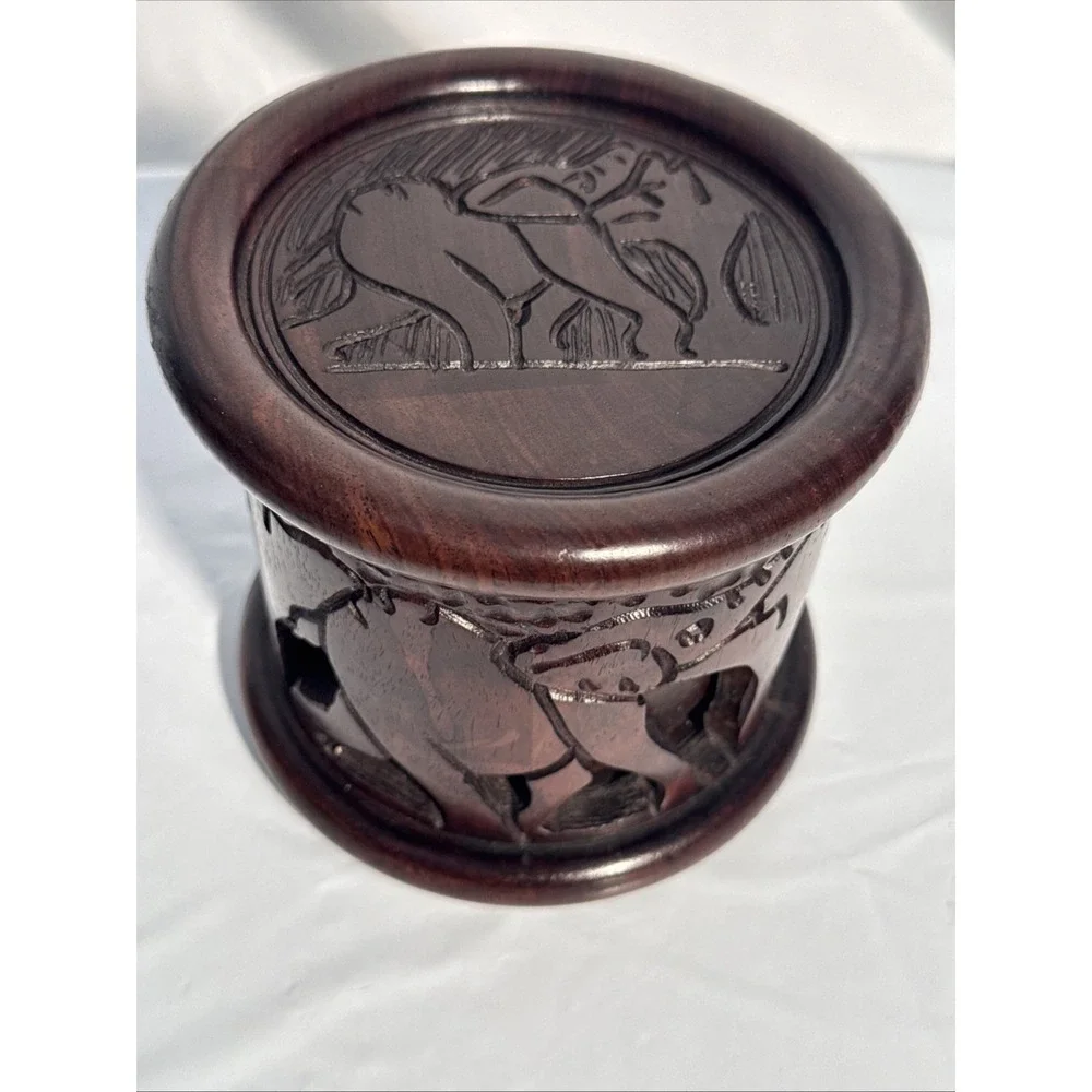 VTG Hand Carved African Ironwood Set of 6 Wooden Elephant Coasters Holder & Lid